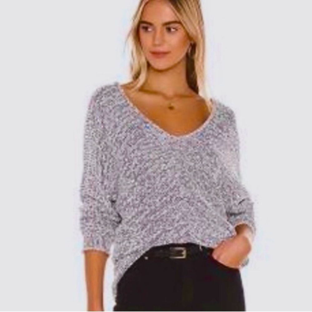 PAIGE ‘Martine’ Navy & White Marled V-Neck Sweater… M